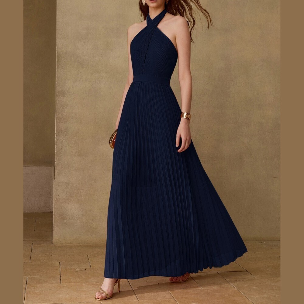 Navy Blue Chiffon Pleated Halter Neck Slim Fit Maxi Dress